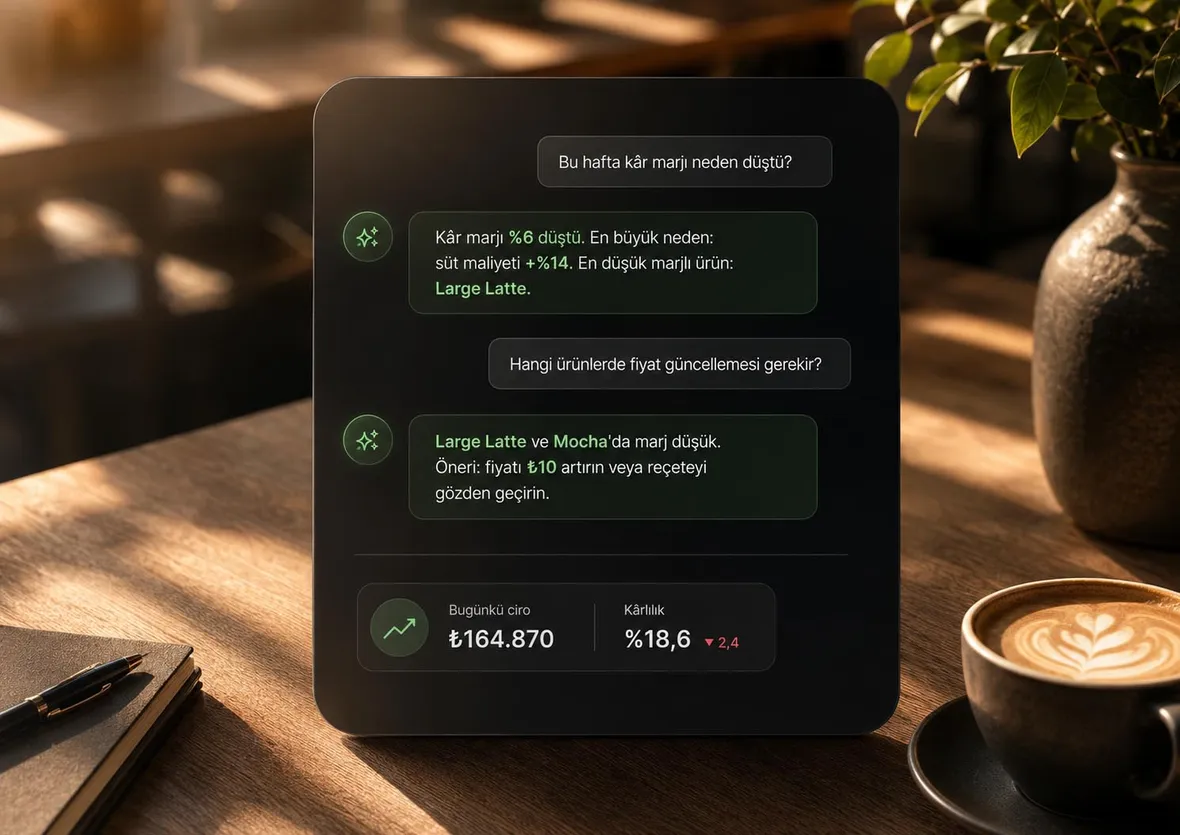 Mahalle AI sohbeti — kâr marjı analizi ve fiyat önerisi, kafe masasındaki tablette
